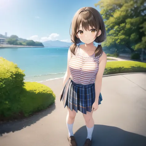 outdoors,
smile,
solo,
ayanafujisawa,1girl,brown hair,low twintails,brown eyes,
full body,standing,
striped_shirt,sleeveless,
pl...