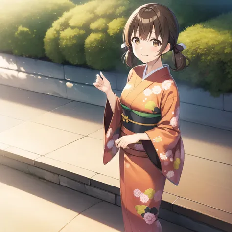 outdoors,
smile,
solo,
ayanafujisawa,1girl,brown hair,low twintails,brown eyes,
full body,standing,
print_kimono,