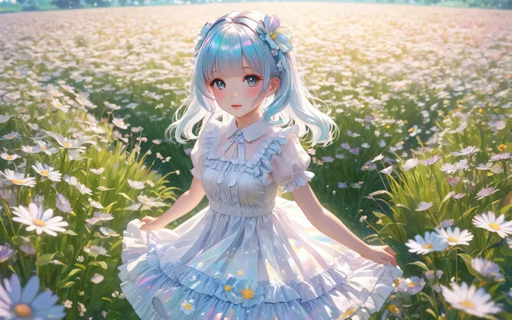 Holographic hair and white lolita dress、Flower Field、Kindergarteners、Small breasts、highest quality, masterpiece, Highest quality, High resolution, 8k, 超A high resolution, (Photorealistic:1.4), Put your arms behind your back, Hide your arms behind your back...