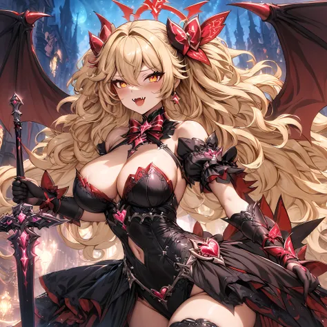 (masterpiece), best quality, expressive eyes, perfect face,1girl,aether,genshin impact,big breasts,blonde hair,wavy hair,glwoing red pupils,holding weapon,demon sword,clothes,succubus,(demon wings),(magical girl:1.4),black leotard,(black elegant dress),cha...