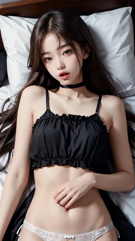 Beauty, Long Hair, older sister, In underwear, With collar, on bed, Sticking out tongue, opens her eyes a little, Hands behind head, Lying on your back, 

