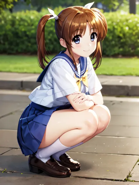 highest quality,solo、one girl、side shot、smile、(anime illustration style),takamachi nanoha, brown hair, twin tails, blue eyes、jap...