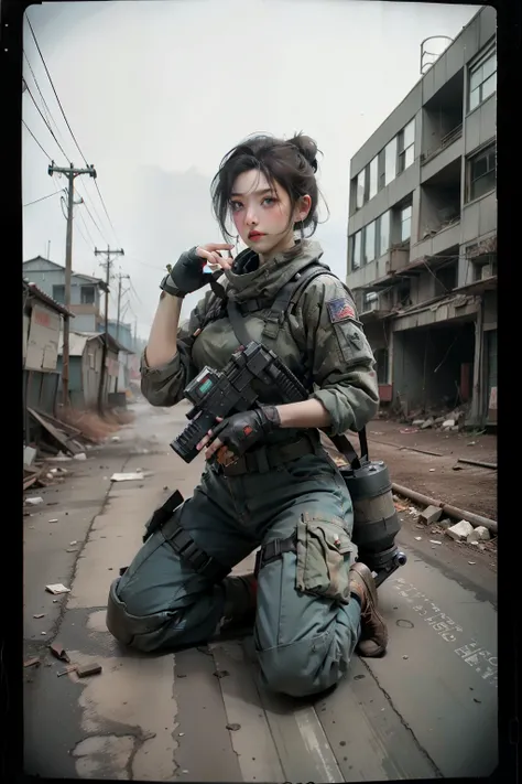 Polaroid Instant Photography, soft faded colors, Fujifilm tones, slight vignette, instant film textures, wide-angle, full-body shot of a female soldier in a rugged, post-apocalyptic landscape. Shes wearing a tactical gear and holding a modified assault rif...