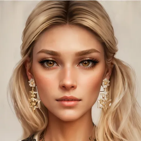 a close up of a woman with long blonde hair wearing earrings, detailed realistic face, realistic detailed face, detailed and realistic face, real detailed face, highly detailed realistic face, realistic and detailed face, accurate detailed face, realistic ...