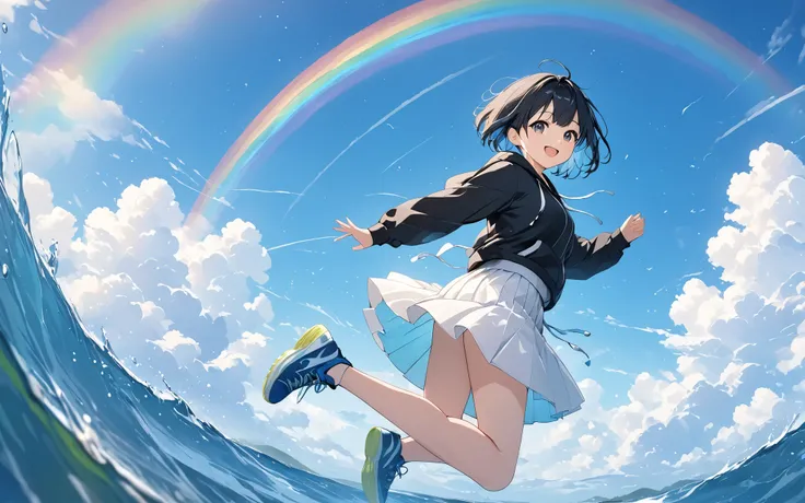 Anime style, ((Amazingly absurd)), (masterpiece:1.2), ultra-high resolution, attention to detail, high quality, high resolution, top-tier quality, 4K, 8K. A cute figure with a black hoodie, white skirt, black short hair, running with a smile (:D). A rainbo...