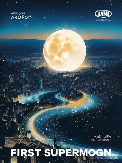 Arafed&#39;s first supermoon movie poster image, moonlight night, moonlight, city on the moon, bright moonlight, perfect crisp moonlight, Moonlit Night, at night, The moon is big，In the city, midnight moonlight, Three 0, Angus Mackey, Published Artworks, A...