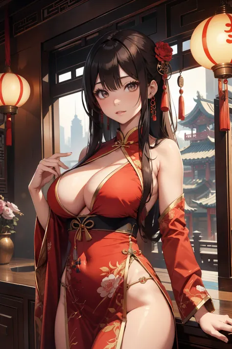 A beautiful woman，Traditional Chinese clothing，，Traditional Chinese architecture，Fiery red clothes，Big breasts，Bare waist
