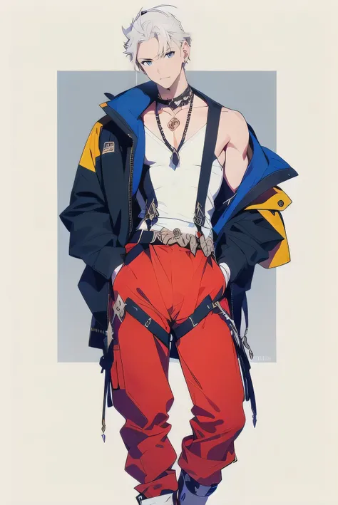 Handsome man , ((tall lean toned man:1.2)), broad-shouldered, handsome, ((very short hair:1.3)), ((white hair:1.4)), blue eyes, angular chin:1.3)),