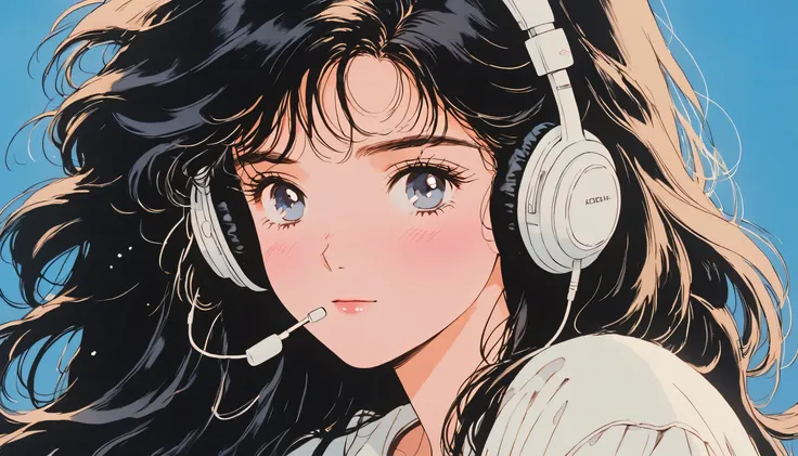 (90s anime style,1990s style,1970s anime,clear, (blush:1.7), the highest quality, 8k, 1980s style, black hair, long hair, light brown eyes, skin white as snow, wearing 1980s white clothes, Anime girl sitting on a chair with headphones, upper shot, close up...