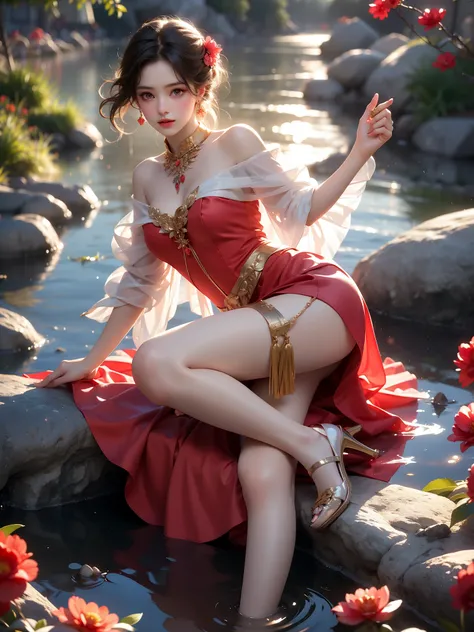  (High quality details), 1 Girl, solo, Young women, Elegant Posture, ((night, moonlight)), (Curvy body，Lying in the water naturally，River Water，rock, Relaxed expression), (Focus on natural body posture and correct anatomy:1.3), (Perfect leg proportions:1.3...