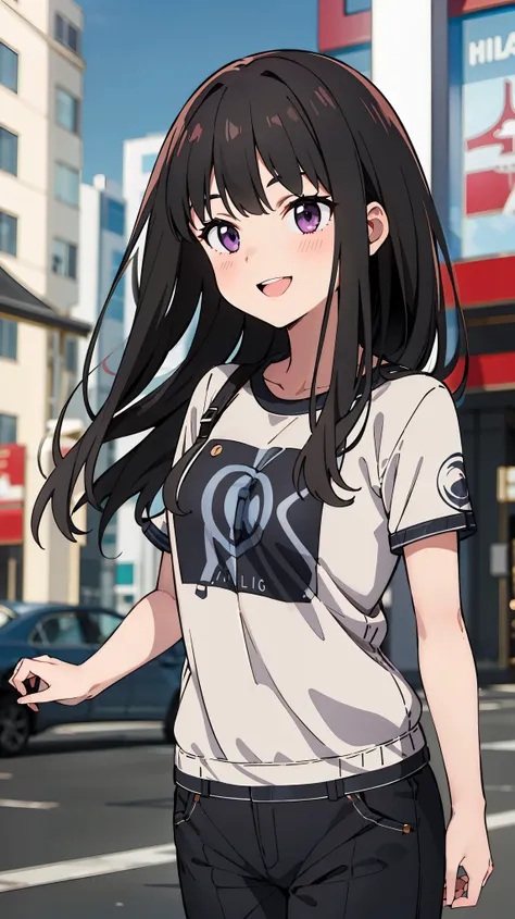 ((masterpiece, best quality, highres)), depth of field, 
BREAK, 1girl, standing, cowboy shot, smile, close mouth, 
BREAK, (outdoor, city),   
BREAK, takina inoue, purple eyes, black hair, long hair, 
BREAK, private clothes, T-shirt, pants,