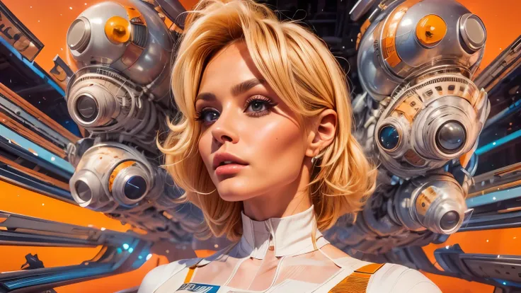 arafed image of a white woman in a futuristic suit with a spaceship in the background, movie art, in front of an orange background, inspired by Robert McGinnis, female protagonist, megastructure in the background, portrait of an ai astronaut, astronauts, a...