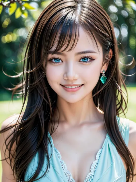 ((masterpiece、Highest quality、Ultra high definition、High resolution))、solo、Beautiful girl、Shining Eyes、Perfect Eyes、blue eyes、1、Large Bust、Green Theme、With a smiling smile、
