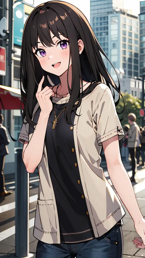 ((masterpiece, best quality, highres)), depth of field, 
BREAK, 1girl, standing, cowboy shot, close mouth, smile,
BREAK, (outdoor, city),   
BREAK, takina inoue, purple eyes, black hair, long hair, 
BREAK, private clothes, T-shirt, pants, necklace,