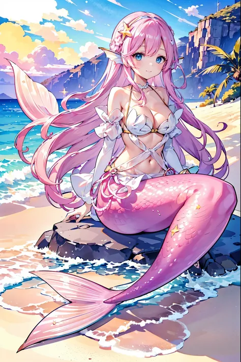 (masterpiece, best quality),a girl,pink hair,hair accessories,white dress,blue eyes,head fin,unique,large breasts,mermaid,粉色的mer...