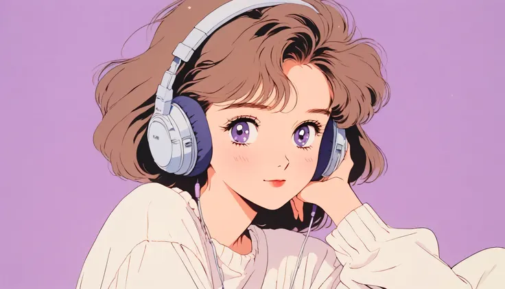 (90s anime style,1990s style,clear, 1980s style, (blush:1.7), the highest quality, 8k, 1 woman, Only, lofi girl, lofi art, Lofi Feeling, looking at the viewer, very big eyes, wearing 1980s white clothes, upper shot, close up, smiling, brown hair, short hai...