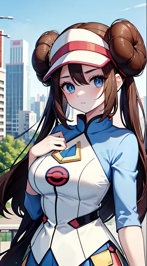 brunette，blue eyes，long hair，hat，bun head，beauty，mingyi【pokémon】，white suit，china's overbearing president，for urban background，l...