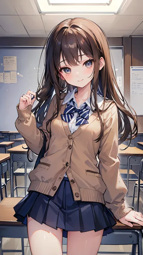 ((masterpiece、Highest quality、Very detailed))、One girl、Brown Hair、Long Hair、Grey Eyes、smile、Small breasts、((Navy blue blazer))、((light brown cardigan))、A bow tie、((Black pleated skirt))、((mini skirt))、Cowboy Shot、Classroom Background