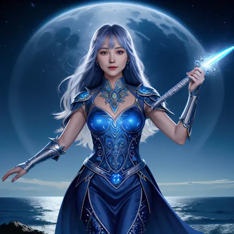 Illustration in fantasy style of a charming and graceful women with  a silver moon scepter, wearing a midnight blue tunic with shining luminous constellation patterns, ocean and starry night, epic luminous scene, dynamic posture, bright colors, hd