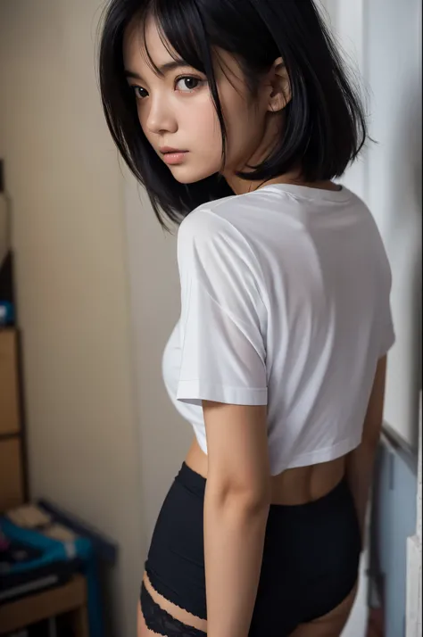 Dark room, young woman, T-shirt, underwear showing, bob black hair