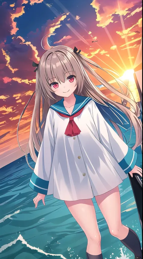 Atori, one girl, red eyes, alone, ahoge, long hair, full body, shoes, sailor uniform, black ribbon, sailor collar, brown loafers, hair between eyes, blue sailor collar, blush, very long hair, smiling, neckerchief, big sleeves, collarbone, white skirt, on a...