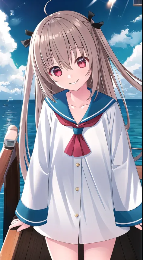 Atori, one girl, red eyes, alone, ahoge, long hair, upper body, shoes, sailor uniform, black ribbon, sailor collar, brown loafers, hair between eyes, blue sailor collar, blush, very long hair, smiling, neckerchief, big sleeves, collarbone, white skirt, on ...