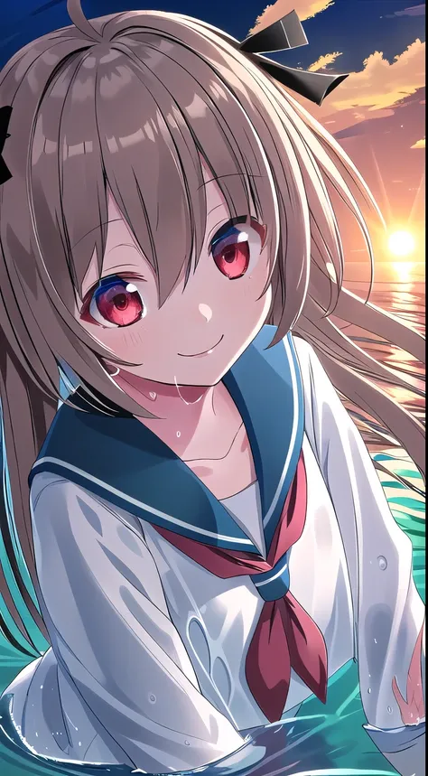 Atori, one girl, red eyes, alone, ahoge, long hair, close up of face, sailor uniform, black ribbon, sailor collar, brown loafers, hair between eyes, blue sailor collar, blush, very long hair, smiling, neckerchief, big sleeves, collarbone, white skirt, sea ...