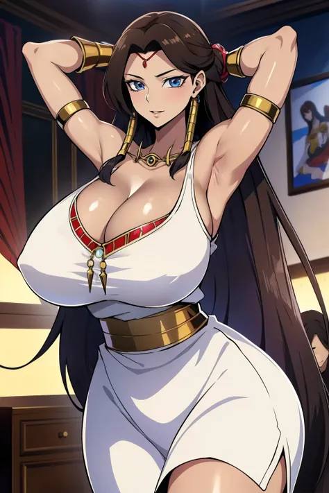 An anime-style artwork depicting Ishizu Ishtar from theanime Yu-Gi-Oh!

Tags: ishizu ishtar, anime, detailed eyes, detailed lips, egyptian clothes, , white dress, long hair, dark skin, blue eyes,  (dark skinned female:1.1), jewelry,necklace, bracelet, arml...