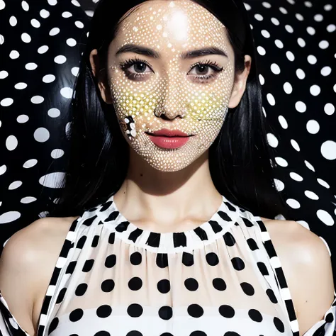 Surrealism、１Women paint their entire faces with large black and white polka dots、Fully painted face、Black and white big polka dot outfit、(((Very large polka dots)))、Can be viewed