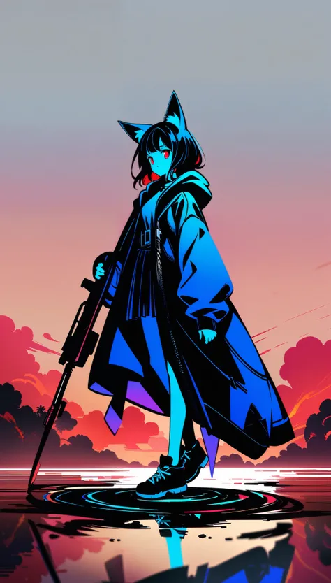 A dark, futuristic, silhouetted figure of a girl with cat ears and a long, flowing coat, holding a massive scythe with a mechanical cat integrated into the blade, standing on a reflective surface with a minimalist, light gray background. --ar 4:3 --stylize...