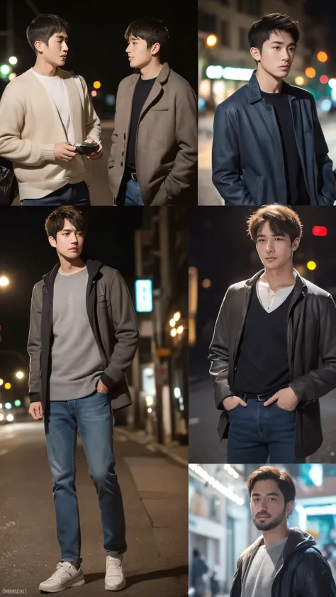 ((masterpiece)),(((最high quality))),(Character design sheet,Same character,front,side,return),Natural Photography, Portrait of a 2.Men in casual clothes, night, street, (Detailed skin:1.2), 8K Ultra HD, Digital SLR, Soft lighting, high quality, Film Grain,...