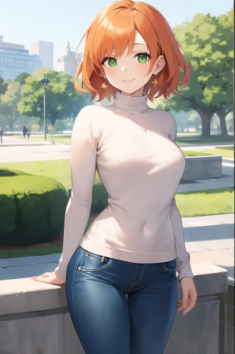 masterpiece, best quality, ultra-detailed, beautiful lighting, Woman, tight jeans, orange hair, (green eyes:1.3), (white sweater:1.2), turtleneck, standing up, in park, beautiful scenery, slight blush, smiling, (cute smile:1,1), (glossy lips:1.1), (beautif...