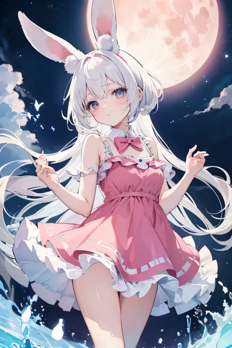 1girl,White hair,Rabbit Ears,The background is a full moon,Night Sky,Moon viewing,rabbit, Rabbit,Pink swim dress,4D,Highest quality,High resolution, masterpiece, accurate, High detail, high Quality