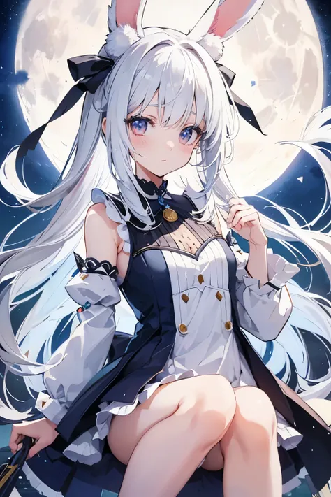 1girl,White hair,Rabbit Ears,The background is a full moon,Night Sky,Tsukimi,rabbit, Rabbit,Blue mini dress