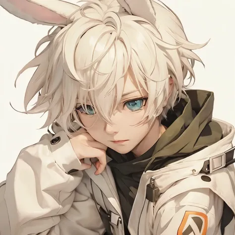 Anime-style image of a young man with rabbit ears and a white coat, male Anime characters, detailed Anime characters art, Gwaiz, Anime characters art, Anime characters, Anime Boy, everyone, Key Anime Art, Detailed digital anime art, Anime characters portra...