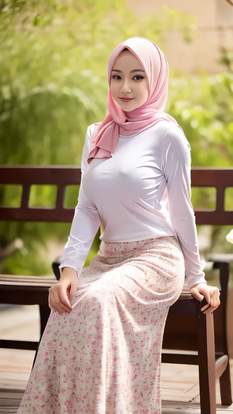 RAW, Best quality, high resolution, Masterpiece: 1.3), Beautiful indonesian adult woman in hijab, Masterpiece, Perfect slim body, ((small breasts, small boobs)), Beautiful  eyes, water eyes, Soft smile, ((wearing white longsleeve t-shirt, pink floral fully...