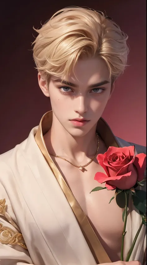 A teenager boy, blondie short hair, 1, pink eyes like a rubi, pale skin, rose lips, a soft scar in your eyebrow, perfect golden ratio. He use royalty clothes in the rose color. Your background with some kind of magic. 8k, best quality masterpiece