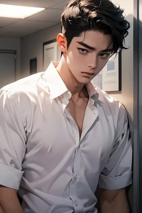 handsome youngman,black hair,sexy,muscular,Gorgeous eyes,datailed face,twink,BAREFACE,korean drama,Dress shirt,freshman,wall:white office room,one man,little embarrassed