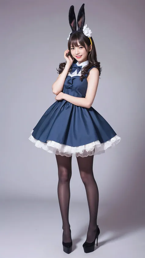 Bunny girl in a light blue maid outfit:1.5，Full body photo、I wore tights:1.5，The best smile:1.5，Full Body Shot:1.5，Gray background:1.5，Wearing black high heels:1.5，
