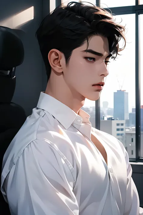 handsome youngman,black hair,sexy,muscular,Gorgeous eyes,datailed face,twink,BAREFACE,korean drama,Formal shirt,freshman,wall:white office room,one man,profile