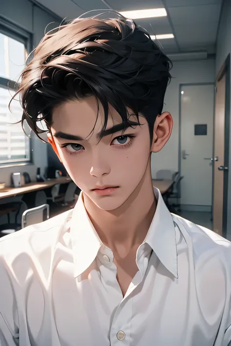 handsome youngman,black hair,sexy,muscular,Gorgeous eyes,datailed face,twink,BAREFACE,korean drama,Formal shirt,freshman,wall:white office room,one man,front