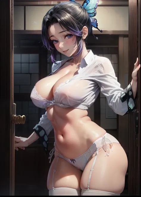 nsfw:1.2,Cleavage, (Representative works: 1.2), (Highest quality: 1.2), alone, One person girl, Shinobu Kocho, Smile, Blushing:1.5、(Huge Breasts:1.2)、Thin Japanese sword, (White shirt: 1.4), face, Realistic eyes, Lilac Eyes, 濡れたface, Black Hair, (Butterfly...