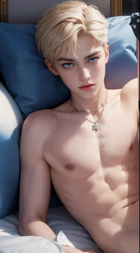 A teenager boy, blondie short hair, 1, blue eyes like a rubi, pale skin, rose lips, a soft scar in your eyebrow, perfect color contrast. he dressed with design of dalmatian dogs like gay twink boy. his background with some kind of magic in bedroom. 8k, bes...