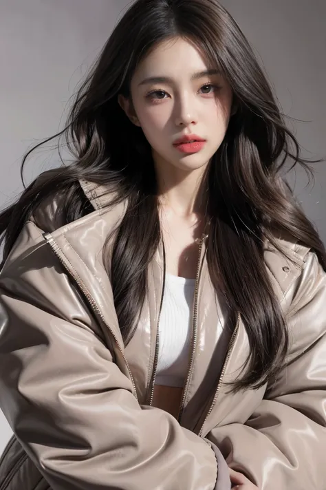 A woman with dark, wavy hair wears a trendy, oversized puffer jacket featuring soft shades of beige and lavender. The background is muted gray, accentuating the unique design of the jacket. Accessories include a strap on the chest. This image incorporates ...