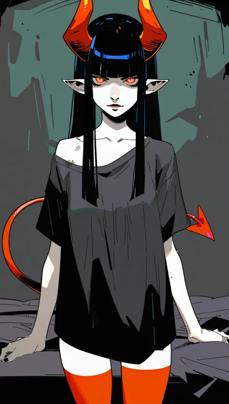 source_anime, score_9, score_8_up, score_7_up, score_6_up, hds style, cel shading, linear hatching, dark theme, (dark background:0.8), low light, looking at viewer, lightly curled black hair, long hair, blunt bangs, black-red imp horns, grey eyes, black-re...