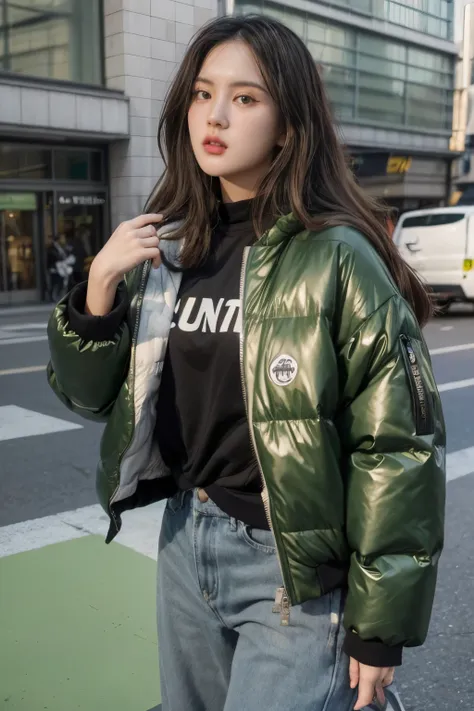 a woman with dark, wavy hair wears a trendy, dynamic pose, oversized green shinny puffer jacket. the background is muted gray, a...