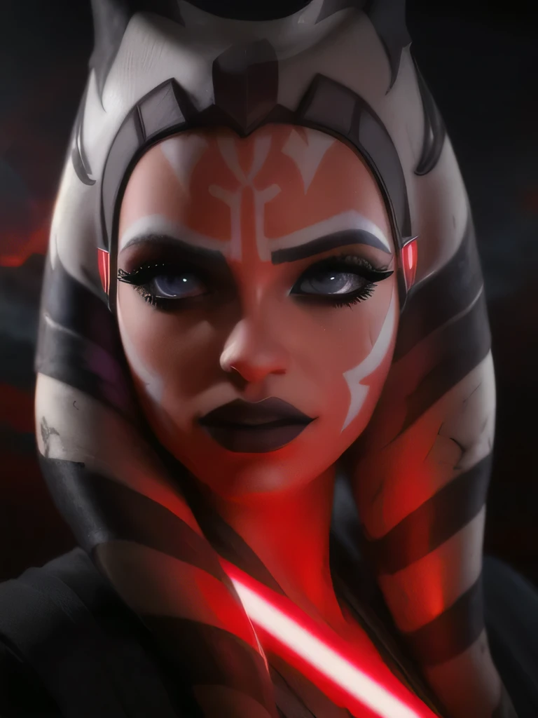 a highly detailed and realistic portrait of Ahsoka Tano, a female Togruta with beautiful detailed eyes, beautiful detailed lips, extremely detailed face, long eyelashes, holding a red lightsaber, dark side version, ambient lighting, cinematic composition, ...