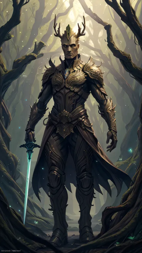 tall humanoid plant alien, tree-like features, bark-like armor, large layered leaves cape, branch-like antlers crown, holding ornate sword, decorative hilt, slightly twisted body, soft dimly lit, tiny glowing particles floating in the air, magical mystical...