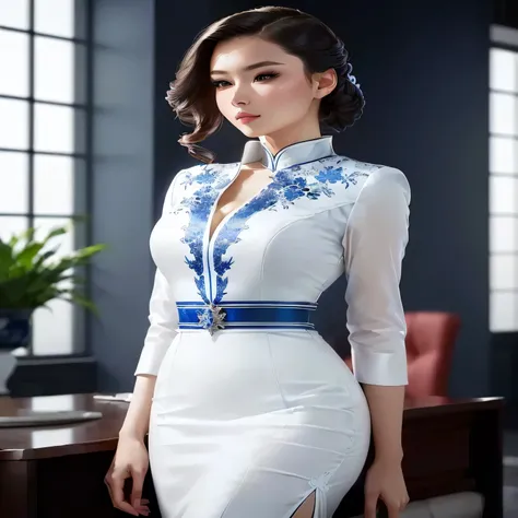 a woman in a white dress with blue trimming and a blue belt, white royal dress, wearing an elegant dress, elegant white dress, sophisticated dress, stunning elegant pose, elegant dress, wearing an elegant outfit, elegant confident pose, elegant fashion mod...