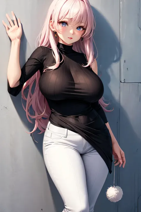 anime art style, a Japanese/Russian woman in her 20s, soft pink  straight thich knee length hair with white highlights, big round jewel Diamond-Blue doe eyes, human, a mole underneath her rosey pink tinted lips, massive breasts, wearing a tight black turtl...